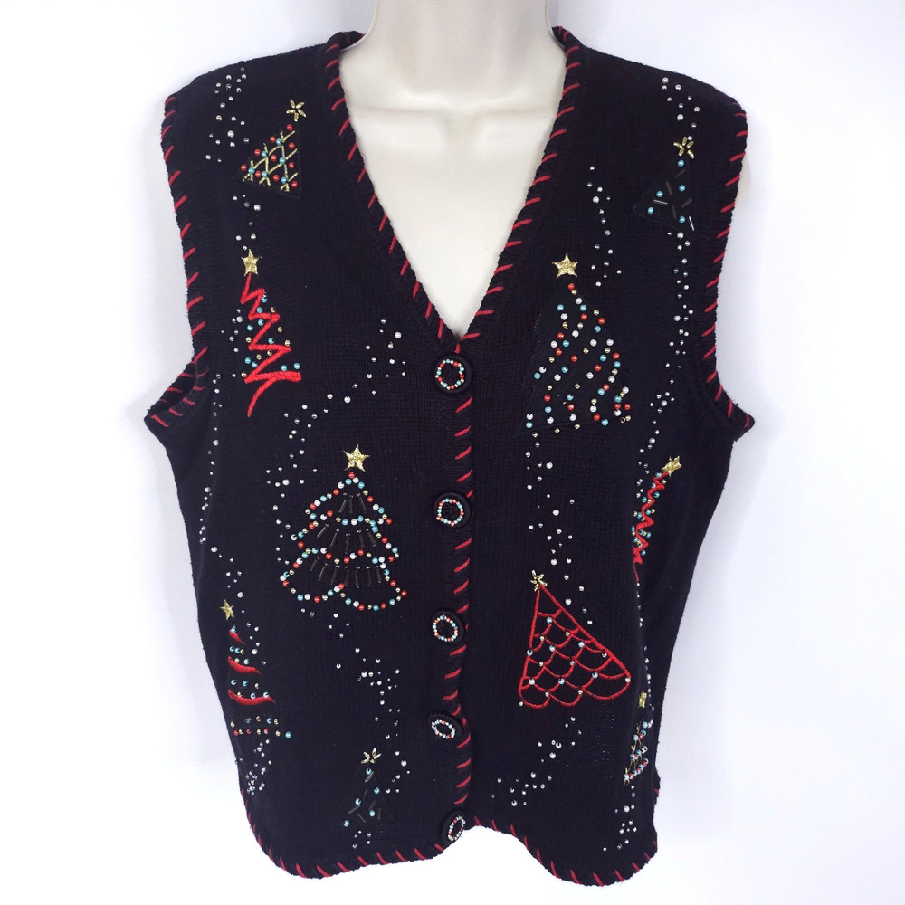 VTG Studio Fa La La Christmas Sweater Vest Womens S Black Red Embroidered Beads